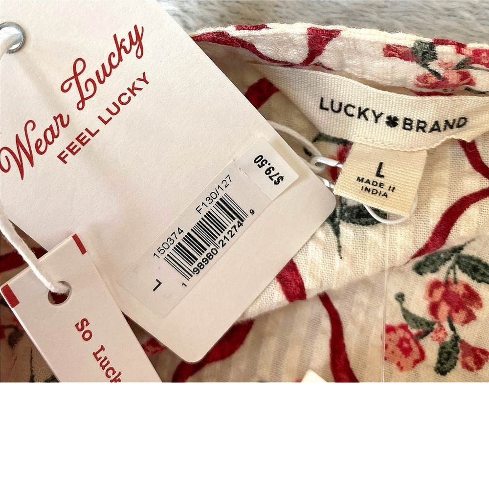 Lucky Brand Boho Quilted Floral Peasant Button Blouse Women L Cream CotttageCore - Picture 7 of 11